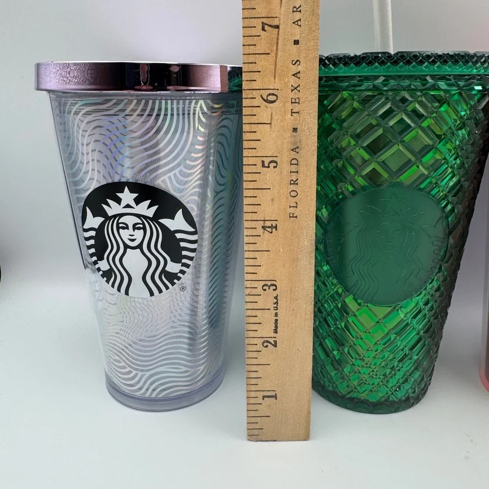 Starbucks Cold Cup Tumbler Lot 4 Green Jewel‎ Red Glitter Studded Silver  16oz
